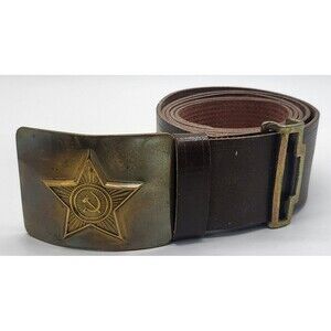 Vintage Soviet Military Brown Belt Brass Buckle Star Hammer Sickle 38" Waist Max